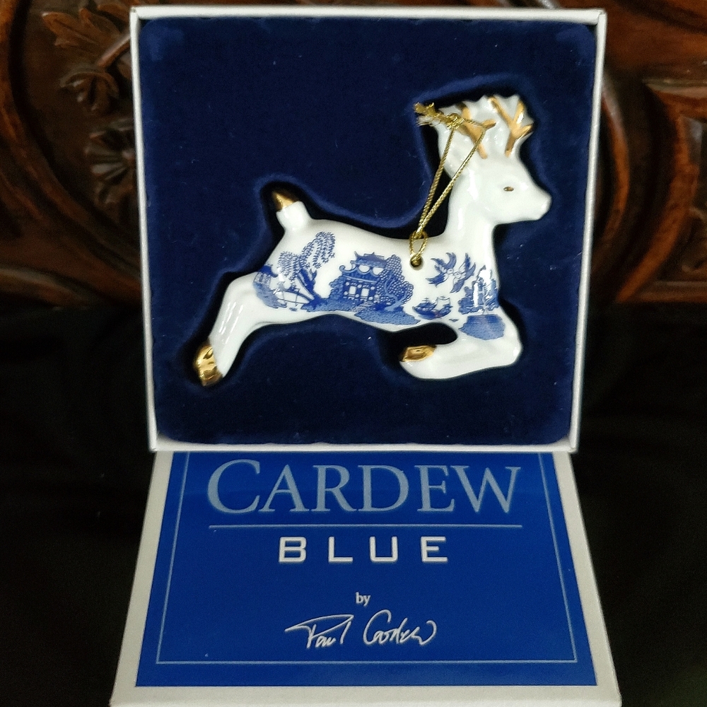1999 Porcelain Cardew Blue Reindeer 3 1/8" Ornament Gold Accent Boxed